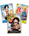 Lot de 3 cartes promo Saikyo Jump 2024 japonaises : Luffy P-075 au centre, Ace P-074 à gauche et Sabo P-073 à droite, présentation en éventail.