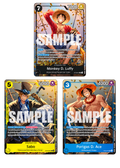 Lot 3 promos Luffy, Ace et Sabo Mini Tins Set 2 — carte(s) vendue(s) en français ; visuel de référence