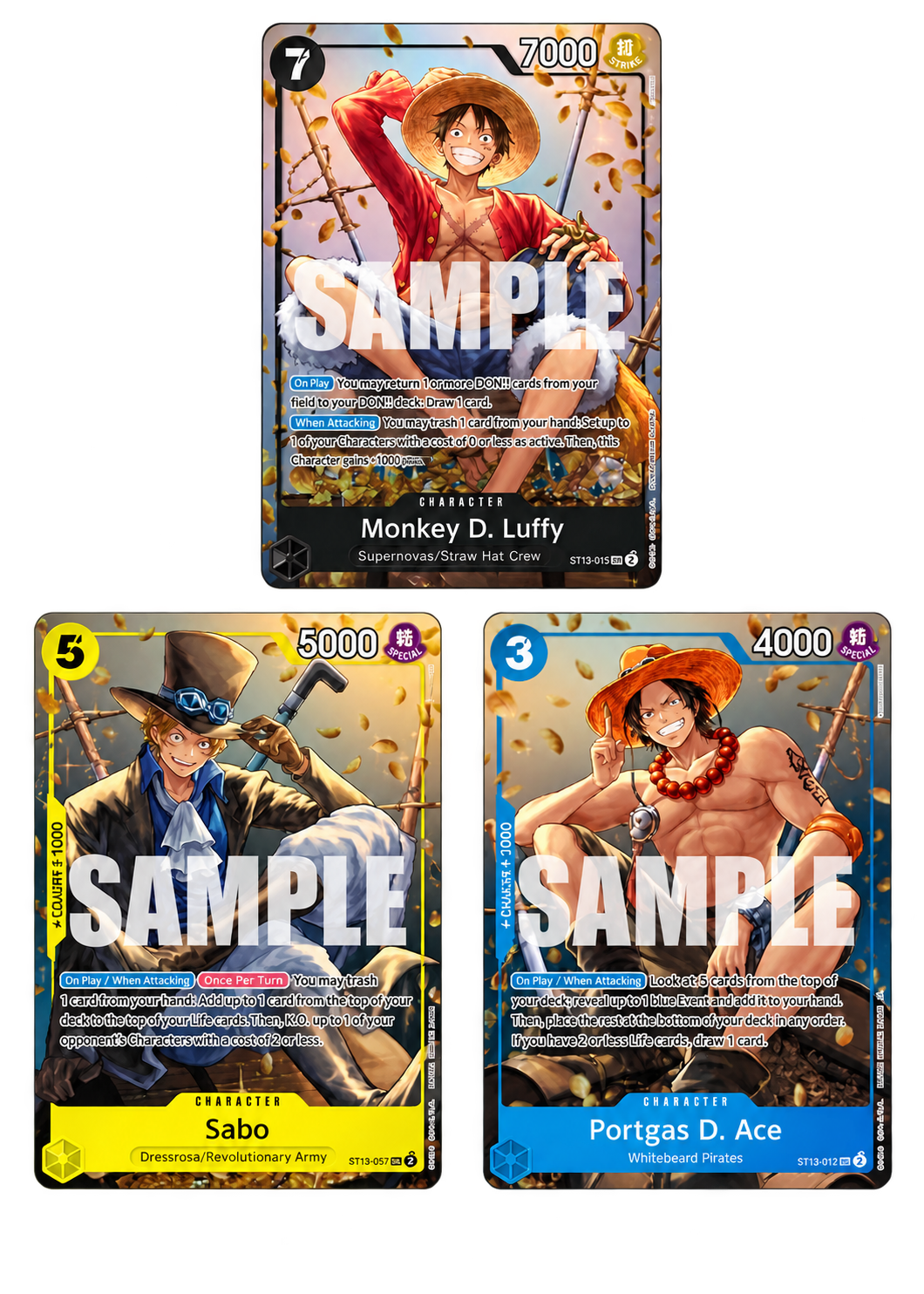 Lot 3 promos Luffy, Ace et Sabo Mini Tins Set 2 — carte(s) vendue(s) en français ; visuel de référence